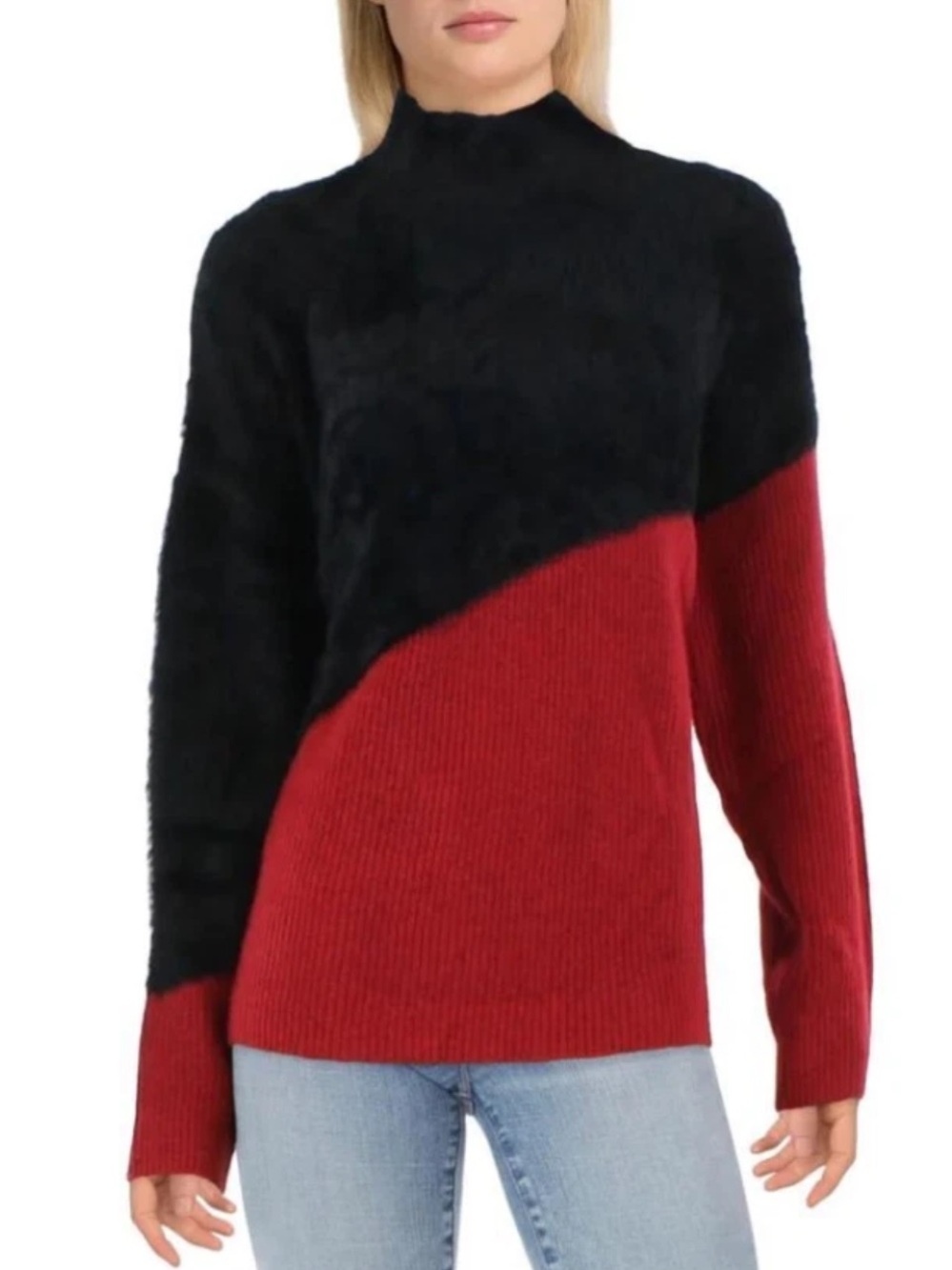 Vince Camuto Faux Fur Knit Colorblock Mock Neck Sweater Size L